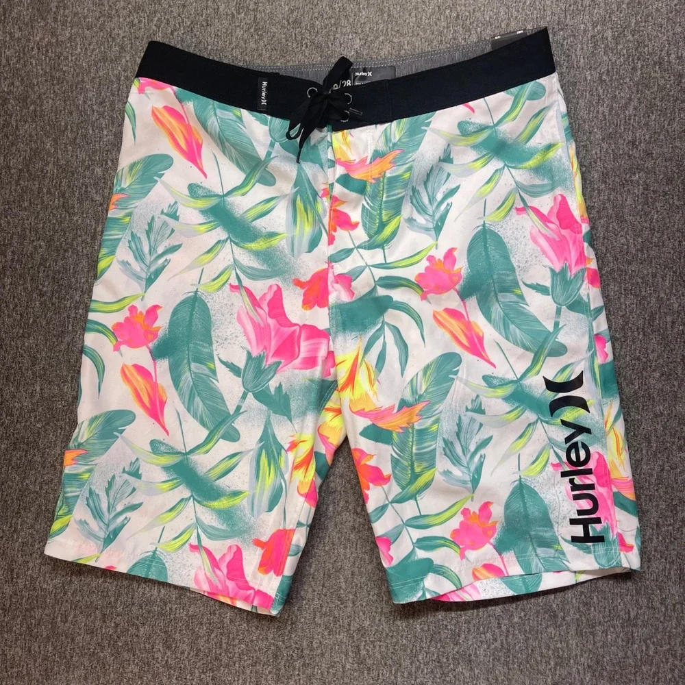 Hurley Boys Tropical Floral Board Shorts Pink Green White Size 16/28 Swim Trunks